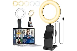 GerTong 5'' Laptop Selfie Ring Light with Stand, Mini Desk LED Phone Ring Light with Dimmable 5 Modes 10 Brightness Level for Makeup Streaming Webcam, All in one Stand Compatible with Smartphone