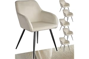 ‎TECTAKE tectake 6er Set moderner Esszimmer Stuhl, Sitzfläche aus Samt, Armlehnstuhl, Sessel Wohnzimmer, gepolsterter Office Chair mit schwarzen Metallbeinen, Schminktisch Stuhl - Creme/schwarz
