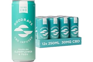 GOODRAYS CBD Drinks, Sparkling Low Calorie Soft Drink, Natural Sleep Stress and Anxiety Relief, Vegan, Elderflower & Yuzu, 12 x 250ml Cans, Packaging May Vary