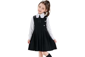 LOLANTA Girls Pleated Pinafore School Uniform Jumper Dress, Square Neck Sleeveless with Button Decoration, Anti-Wrinkle, 5-12 Years