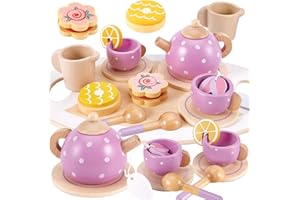 AOLEVA Set da Tè Giocattoli in Legno, Set Cucina Legno Bambini Accessori Cucina Giocattolo Servizio da Tè Gioco di Imitazione Regalo per Bambini Bambina 3 4 5 Anni