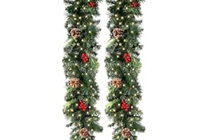UPXIANG 270cm Guirlande Sapin Artificiel Nëol Lumineuse Vert avec 50 LEDs,230 Tete,Pomme de pin Fruit Rouge,Couronne Sapin Noël pour décoration Cheminée Porte Escalier (270CM, Guirlande avec LED)