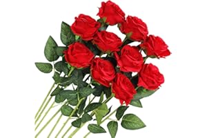 Veryhome 10 Pcs Women's Day Artificial Roses Silk Flowers Fake Single Stem Blooming Rose Bridal Bouqets For Wedding Home Birthday Party Arrangment Garden Decoration (Red)