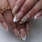 LunarCharm 24 pièces faux ongles French tip à perles florales, ongles à pression courts en forme amande brillants en acryliqu