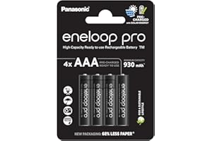 eneloop pro, batterie ricaricabili AAA/Micro, confezione da 4, capacità di min. 930 mAh, batterie Ni-MH, pronte all'uso, ricaricabili fino a 500 volte, confezione senza plastica, pro, nere