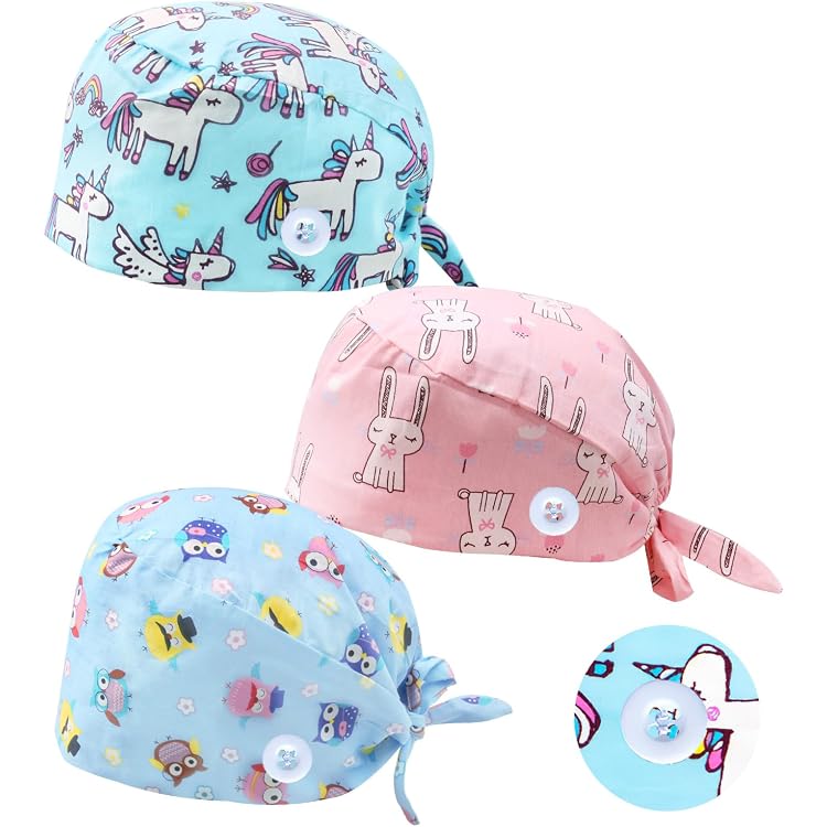 NHQZ 3 Pezzi Cappello Scrub Copricapo Regolabile, Fascia Sudore, Cappelli da Lavoro Stampati, Cuffie Chirurgiche