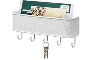 mDesign Organizador de Correo y Colgador de Llaves – Soporte de Pared con Bandeja para Cartas y Papeles y con Ganchos para llaveros – Color: Blanco