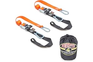 PowerTye 1.5in x 6.5ft Heavy Duty Ratchet Tie-Down Straps with Soft-Tye, Carabiner Hooks - 1,000 lb Working Load Limit / 3,000 lb Breaking Strength - Made in USA - Orange/Black Pair + Storage Bag