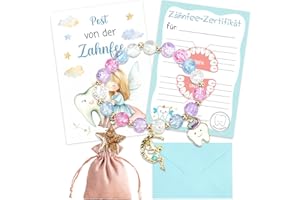HUKUMA Zahnfee Geschenksets Mädchen-Zahnfee Armband mit Zahnzertifikat & Karte, Zahnfeen Perlenarmband Bunt, Milchzahn Überraschung Geschenke Armband Mädchen für Geburtstag Taufe Weihnachten