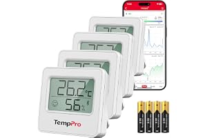 TempPro TP357 rumstermometer inomhus bluetooth hygrometer, Vit, 4 stycken | och temperaturmonitor med smart app och data inspelning med fuktighetssensor för babyrum, kontor (Tidigare ThermoPro)