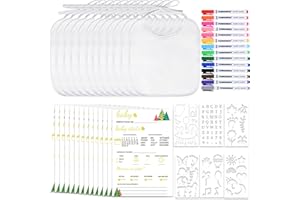 faburo Bavoir pour Bébé, Bavoir pour Bébé à peindre, 12 pièces Bavoirs Blanc Bébé avec 14 Marqueurs Textiles 6 Pochoirs Peindre et 14 cartes Pronostics pour Baby shower, Cadeau pour fête prénatale