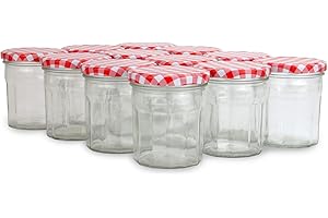 MAISON & WHITE Glass Jam Jars | Set of 12 | Wide Mouth 324ml Glass Preserve Pots | Screw Top Red Gingham Lids | Airtight Pickle Jars | Homemade Jam, Marmalade & Chutney Jar | M&W
