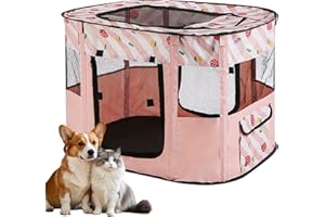 PRITOK Foldable Pet Playpen: Portable Dog Cat Playpen, 600D Oxford Indoor/Outdoor Pet Tent with Carry Bag​, Breathable Mesh for Indoor Outdoor Puppy Rabbits Hamster Small Animals (PINK)