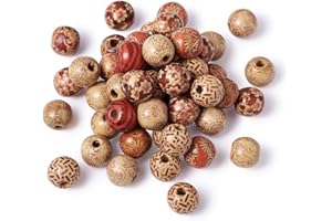 PandaHall 50pcs perles rondes en bois macramé imprimées 16mm grand trou perles en bois d'espacement lâche pour la fabrication de bijoux (mélange aléatoire)