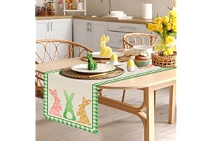 Runner Pasqua 183x35cm Fennoral Runner da Tavola Pasquale Tovaglia Pasquale in Lino Tovaglia Primaverile con Coniglietti-Quadrato Verde e Coniglietto-Per Casa Cucina Tavolo Decorazione Feste