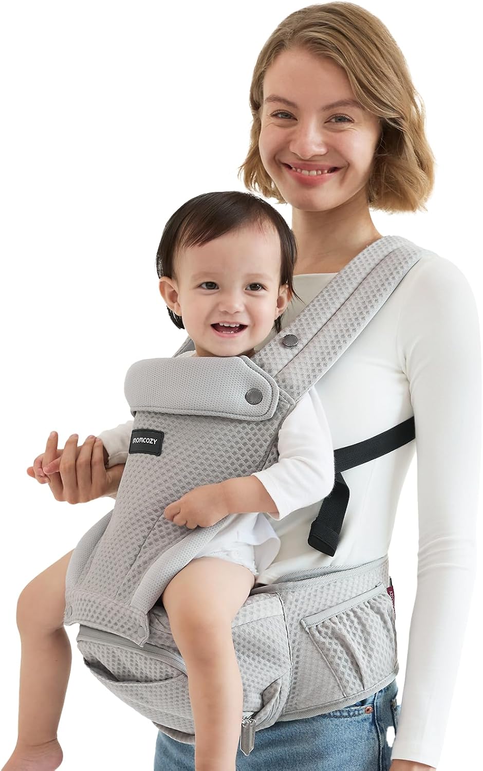 Momcozy Baby Carrier with Hip Seat, 2-in-1 Forward-Facing Carry for Active Babies, Detachable Hands-Free Carrier up to 20kg, Breathable Infant Carrier Fits Waist Sizes up to 120cm, AirMesh Grey