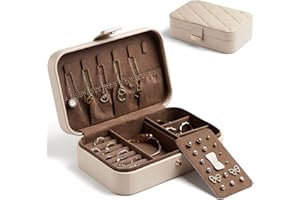 KAMIER Pudełko na biżuterię ze skóry PU, podróżne diamentowe pikowane etui na biżuterię do przechowywania pierścionków, kolczyków, naszyjnika, luksusowy przenośny organizer na biżuterię dla kobiet, dziewcząt, beżowe