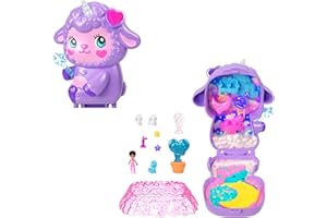Polly Pocket Corderito de ensueño Estuche Conjunto de juego y muñecos, juguete de viaje con una muñequita, un unicornio a modo de mascota, comida y accesorios de moda, JCB15