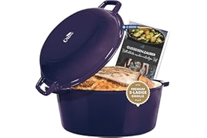 Ottia Pentola in ghisa smaltata per tutti i fornelli e forno; cottura del pane con e ricettario, casseruola con padella come coperchio 4,5 + 1,8 l volume, pentola smaltata, cottura in ghisa a