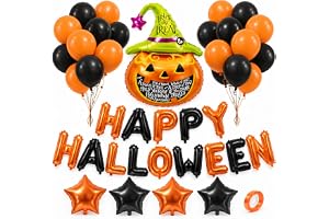 Zestaw balonów na Halloween pomarańczowo-czarny – 20 balonów, napis Happy Halloween, dynia w kapeluszu czarownicy, 4 foliowe gwiazdy i wstążka – Dekoracje na imprezę