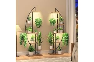 BACEKOLL 6 Ebenen Blumenständer mit Wachstumslichtern - Metall Holz Pflanzenregal - 160CM Innen Blumentreppe - Dekoratives Schwarz Blumenregal für Innen Fensterbank Wohnzimmer 2 STÜCK