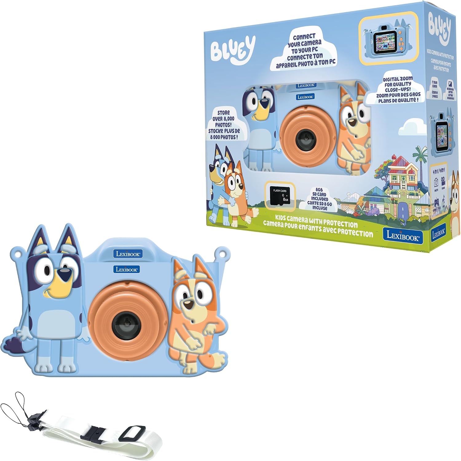 Lexibook, Bluey, Cámara Digital para niños, videocámara de 1080p, Reproductor MP3, Juegos Integrados, USB, Recargable, Tarjeta SD de 8 GB incluida, DJ078BY