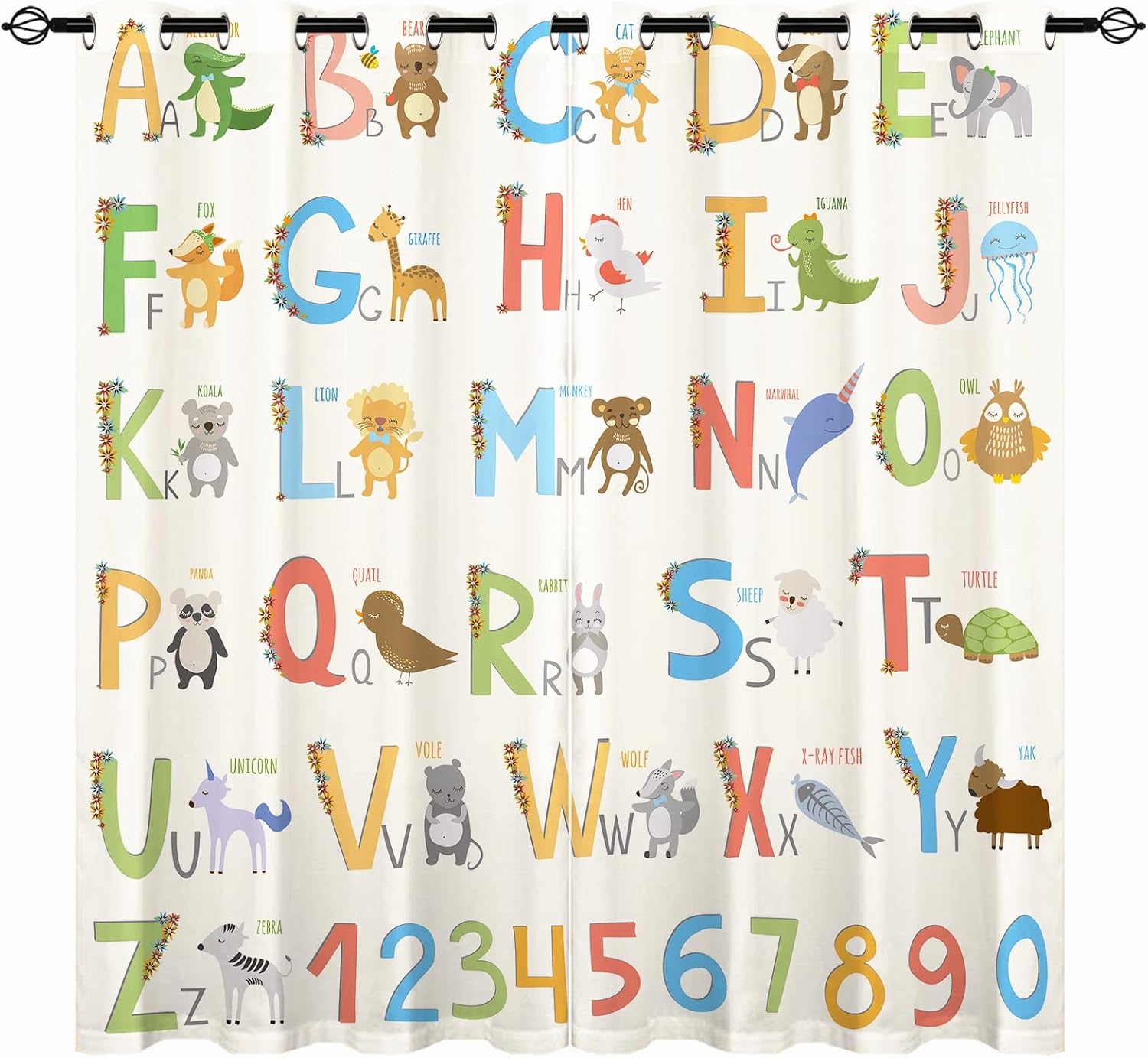YUANZU ABC Curtains - Kids Boys Girls Eyelet Blackout Alphabet with Cartoon Animals Print Pattern Thermal Insulated Room Darkening Window Drapes for Nursery Baby Bedroom 2 Panels W117cm x D137cm