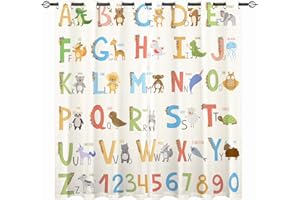 ANHOPE YUANZU ABC Curtains - Kids Boys Girls Eyelet Blackout Alphabet with Cartoon Animals Print Pattern Thermal Insulated Room Darkening Window Drapes for Nursery Baby Bedroom 2 Panels W229cm x D183cm