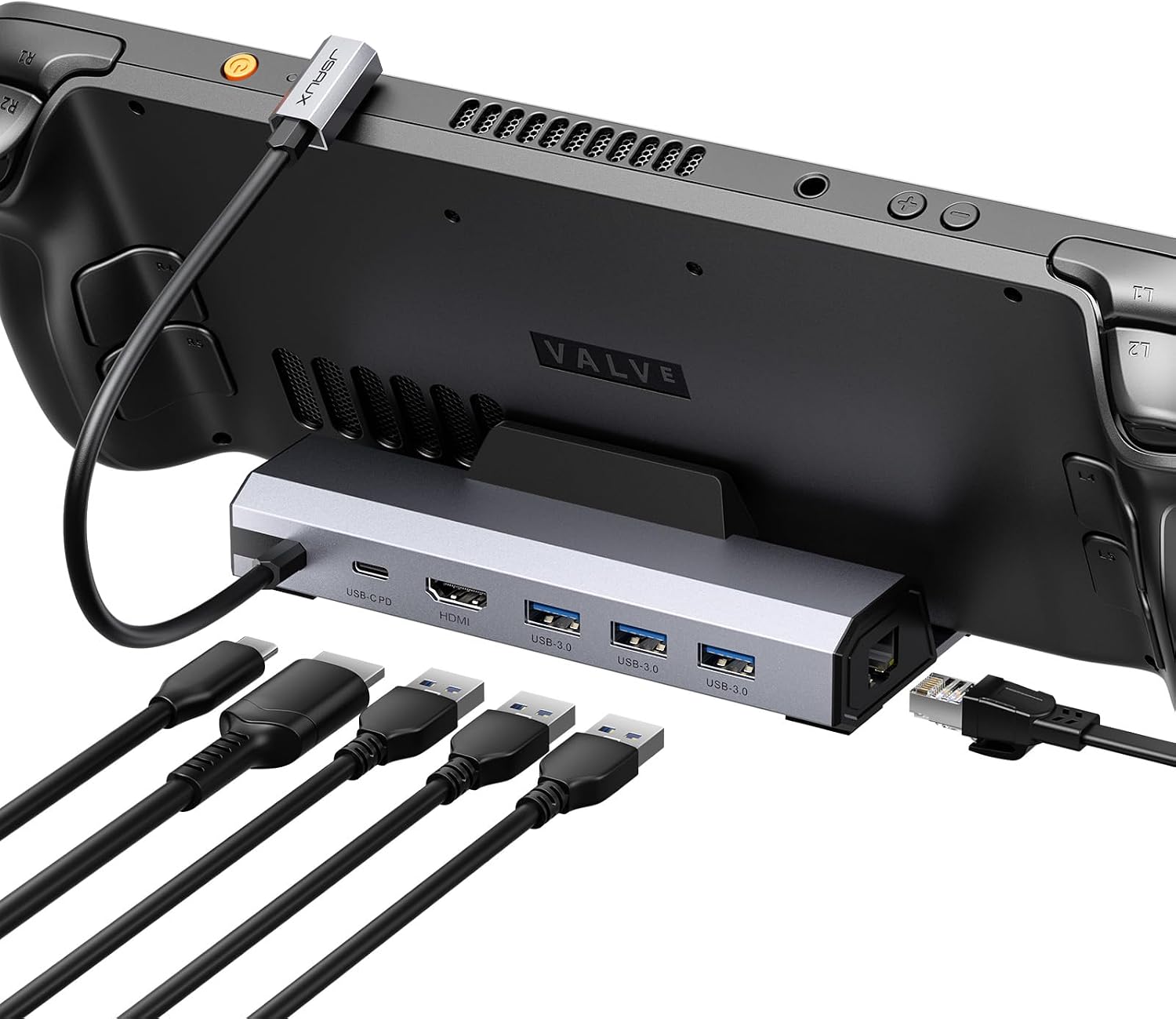 JSAUX 6 en 1 Estación de Acoplamiento Compatible con Valve Steam Deck/OLED/ASUS ROG Ally X/Legion Go S/MSI Claw, con HDMI 2.1 4K@120Hz, Tres Puertos USB 3.0, Ethernet Gigabit, Carga de 100W- HB0603