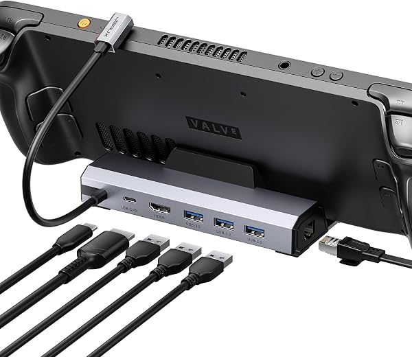 JSAUX 6 en 1 Estación de Acoplamiento Compatible con Valve Steam Deck/OLED/ASUS ROG Ally X/Legion Go S/MSI Claw, con HDMI 2.1 4K@120Hz, Tres Puertos USB 3.0, Ethernet Gigabit, Carga de 100W- HB0603 - 1