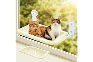 DOLLGIFT Foldable Cat Window Perch with Two Covers 60x30cm Large, Cat Window Bed Indoor Hammock Perch Cordless, Holds Up to 18kg, Machine Washable, Beige
