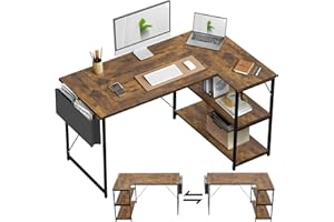 TRIUMPHKEY - Escritorio reversible en forma de L con estantes, escritorio esquinero para ordenador, mesa de oficina en L, 2 niveles, estantes de almacenamiento de bricolaje, 140 cm, marrón vintage