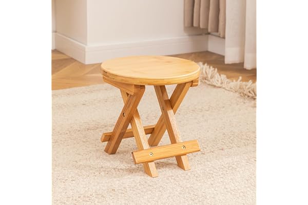 HOKIPO Foldable Bamboo Stool Compact Round Wooden Stool for Sitting, Footrest, Meditation, Kids, Dry Bathroom Use Foldable & Portable (AR-5782)