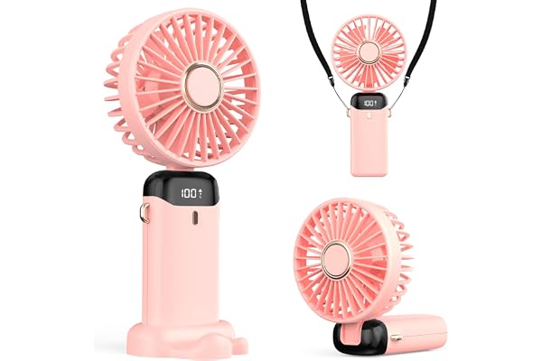Refluxe Ventilateur Portable 4200mAh USB avec Écran LED 3-en-1 Main/Cou/Bureau Pliable et Inclinable à 90° Idéal pour Été Bureau Chambre Voyage Cadeau Adultes Enfants (Rose)