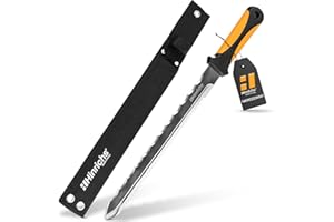 ‎HINRICHS Hinrichs Nóż do Izolacji - Duży nóż do Izolacji 420 mm - Ostrze z hartowanej Stali podwójnie szlifowanej 280 mm - Przecinak do Izolacji w etui - Nadaje się do wełny Izolacyjnej, Styropianu, Pianki