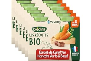 Blédina Les Récoltes Bio, Petits pots pour bébé Bio, Dès 8 Mois, Ecrasé de Carottes Haricots Verts Bœuf, 12x200g (Lot de 6*2)