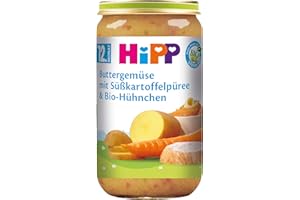 ‎HIPP HiPP Buttergemüse mit Süßkartoffelpüree und Bio-Hühnchen (6 x 250g), ab 12. Monat, salzarm, glutenfrei, mit Omega-3, stückig - wichtig fürs Kauenlernen, in bester Bio Qualität