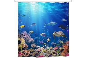 goodbath Fish Shower Curtain, Ocean Underwater World Anti Mould Fabric Waterproof Bath Curtains for Bathroom Bathtub, 180 x 180 cm,Bright Blue