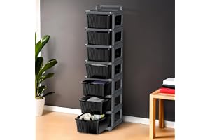 Kuber Industries 7 Layer Heavy Duty Plastic Storage Drawer with Wheels Modular Cabinet for Bedroom, Office, Home Chest of Drawers Organiser for Cosmetics, Kitchen items, Toys Grey & Black