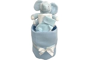 THE BIG CARD COMPANY Nappy Cake Blue Baby Gift - Muslin Square wrap 9 Premium Nappies, Baby Bib Socks and Plush Soft Giraffe