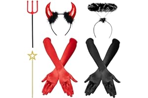 iZoeL Teufel kostüm Damen Mädchen, Teufel Haarreifen Teufelshörner Teufelsohren Heiligenschein,Handschuhe Teufelheugabel Zauberstab Teufel Kostüm Accessorie Halloween Karneval Fasching