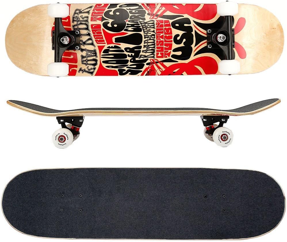 FunTomia Skateboard monopatín FunTomia con rodamientos y Rodillos de dureza 100A - Hecho con 7 Capas de Madera 100% Arce Canadiense