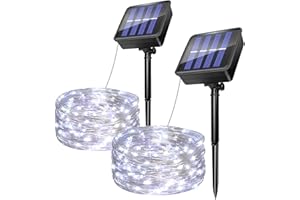 Caldarax 2 Pezzi Catena Luminosa Esterno Solare, 5M 50 LED Luci Solari Giardino, 8 Modalità IP65 Impermeabile Filo di Rame Luci Lucine da Esterno Decorative Per Patio Natale Matrimoni (Bianco Freddo)