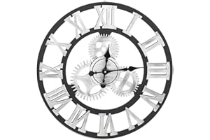 Warmiehomy Grande Horloge Murale de 58 cm, engrenage 3D Vintage Industriel Silencieux Chiffres Romains Horloge à Suspendre pour la Maison, Le Bureau, Le Restaurant, Le café, décoration argentée