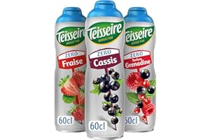 Lot de 3 sirops Teisseire Zéro Sucres (Cassis, Fraise, Grenadine) pour Boisson Rafraîchissante, Cocktails, Bidon Recyclable 3x60cl