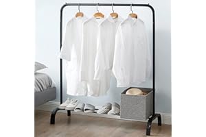 Vivo Technologies Metal Rail Stand with Hanging Rail and Storage Shelf , Clothes Rack for Bedroom, Black