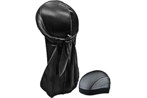 Hairizone Silky Durag Headwrap Doo Chiffon pour homme Vagues (Noir + 1 capuche), Noir, Large