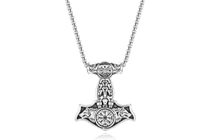 PiercingJak Collier Viking Marteau de Thor Loup Vegvisir Aegishjalmur Odin Pendentif Mjolnir Amulette Nordique Celtique Acier Inoxydable avec Chaîne Bijou Homme Papa Cadeau Courage Protection-Argent