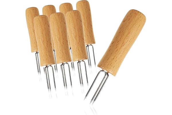 COM-FOUR® 8x fourche à maïs avec 3 dents en acier inoxydable, antirouille - brochettes de maïs réutilisables - aide à éplucher les pommes de terre en robe (08 pièces - bois)