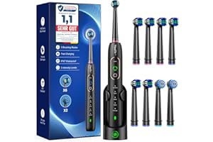 YTEATH PRO Brosse À Dent Électrique Rotatives pour Adultes - Brosses À Dents Rotatives avec 3 Intensités 5 Modes, 8 Têtes de Brosse, Étanche IPX7, Brosse A Dent Electrique de Voyage, Noir